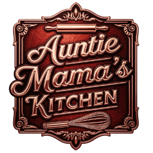 Logo of Auntie Mama's Kitchen with decorative elements on a white background